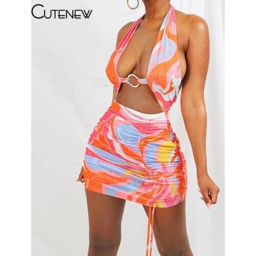 Cutenew Sexy Hollow Out Halter V-Neck Print Bodycon Dress Women Summer Aesthetic Cleavage Backless Drawstring Club Lady Dresses