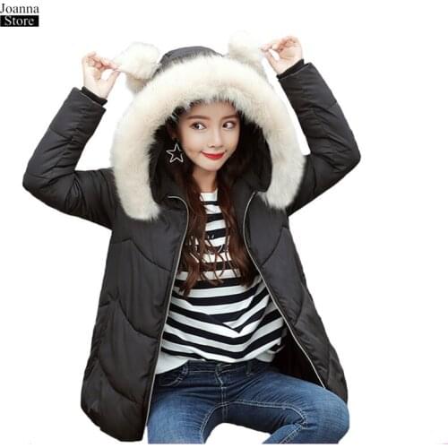 Winter Jacket Women Long Plus Size Jackets Kawaii Sweet Coat Bear Ear Coats Personality Black Pink Cotton Harajuku New Outwear