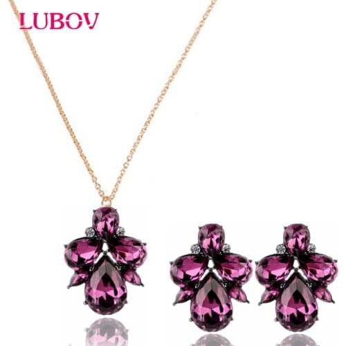 12 Colors Fashion Crystal Acrylic Stone Necklace and Stud Earrings Waterdrop Pendant Rhinestone Necklace Earrings Jewelry Set