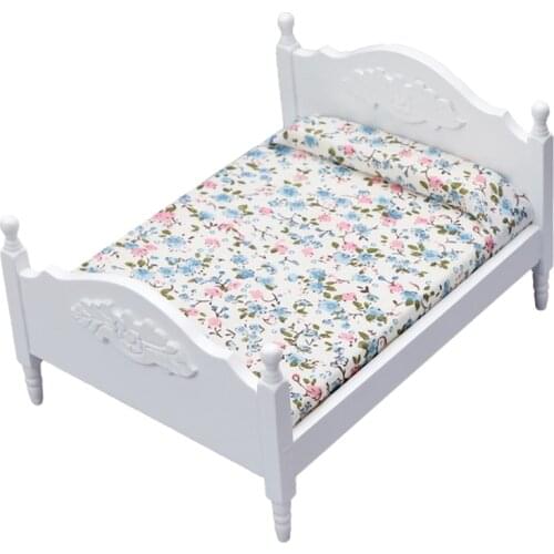 Miniature Dollhouse Accessories, Mini Double Bed Home Bedroom Furniture Dollhouse Miniature Model Toy Ornament