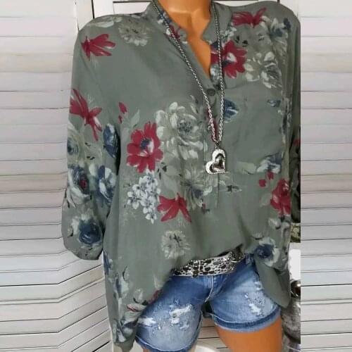 5XL plus size Floral Print blouses Fashion Button v-neck Womens shirt Casual spring tunic Top women Elegant chemise femme кофта
