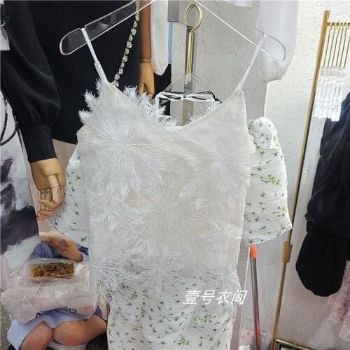 Cakucool Women Fairy Solid White Black Camisole Lace Hollow Out Tassels Feathers Spaghetti Chic Fashion Sexy Camis Women