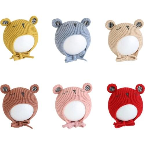 Pudcoco Babys Hat Cartoon Bear Childrens Knitting Boys and Girls Ear Protection Frenulum Cap for Toddlers 3 Months to 2 Years