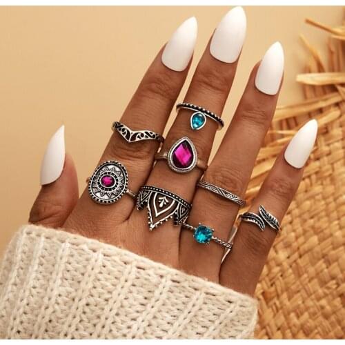 Docona Bohemia Crown Leaf Flower Rings for Women Girl Gothic Joint Water Drop Gem Stone Ring Set Jewelry Anillos 8pcs/set 15146