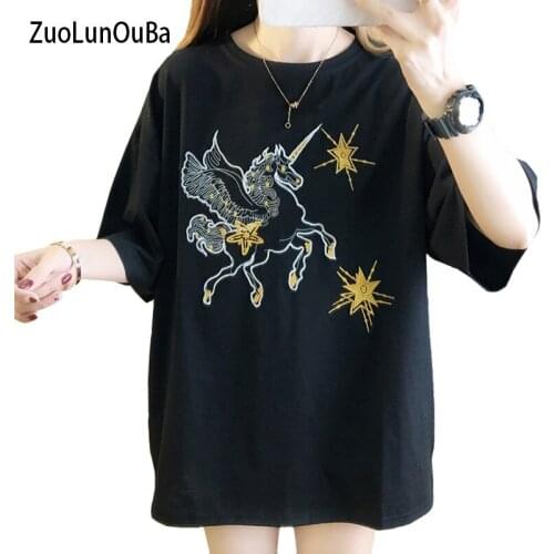 ZuoLunOuBa Summer Casual Women T Shirt Embroidery Star Pegasus Tees Loose Mid-Length Black Female Fashion Tops