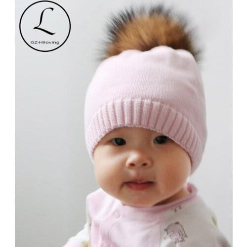 GZHILOVINGL Wholesale Winter Crochet Knitted Kids Cotton Beanies Hats Cap Toddler Boys Girls Children Kids Real Fur PomPom Hat