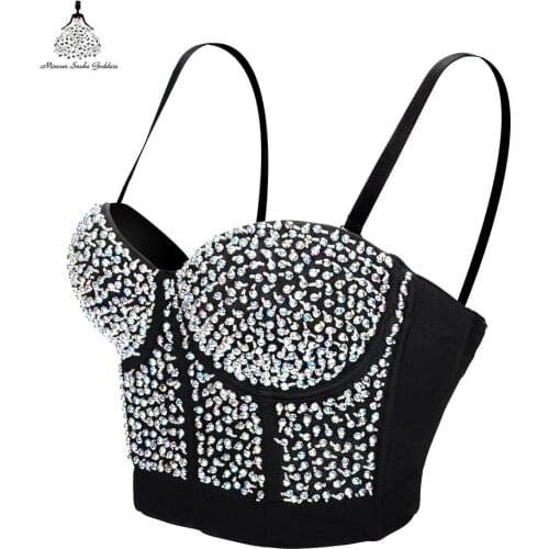 Corset Night Club Sexy Crop Top Vest Push Up Bustier Hand made Crystal Rhinestone Beading Diamond Pearl Women Short Corset