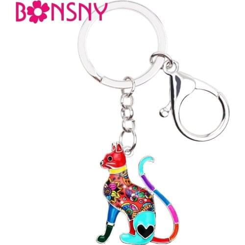 Bonsny Metal Enamel Floral Elegant Kitten Cat Key Chains Keychain Ring Fashion Animal Pet Jewelry For Women Girls Bag Car Charms