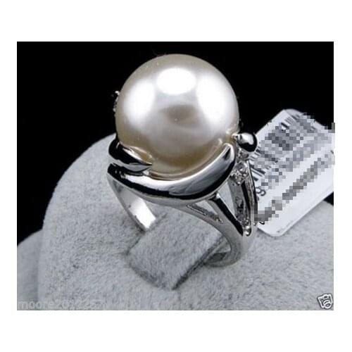 Fashion charming huge 14mm round south sea white shell pearl ring 6-9
