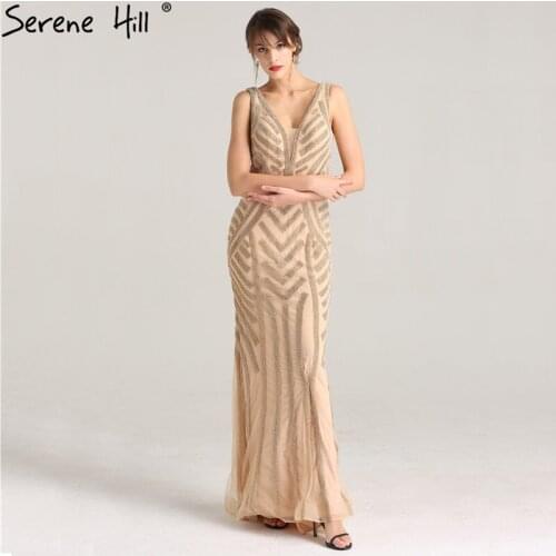 Fashion V-Neck Sexy Evening Party Dress 2020 Nude Color Full Crystal Luxury Party Occasion Formal Evening Dress LA6212