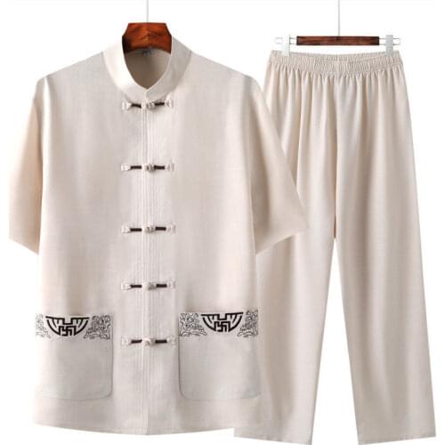 Tang style Chinese style summer casual wear mens short sleeve top and trousers two piece set
