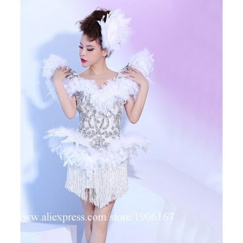 Bar Nightclub Female Singer White Tassel Big Feather Clothes DJ Dance Team DS Star Party Dress Shrug Bright Diamond Costume
