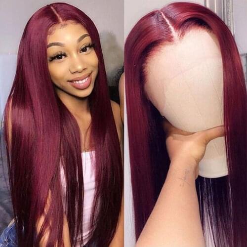 99J Colored Lace Front Human Hair Wigs Burgundy Straight Peruvian Remy T Part Lace Wig Pre Plucked Bleached Knots Lace Front Wig
