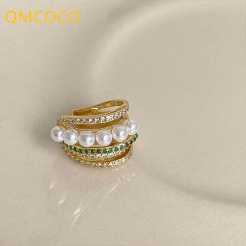 QMCOCO Korean Fashion Pearl Ear Bone Clip Women 925 Silver Delicate C-Shaped Multi-Layer Zircon Personality Earrings