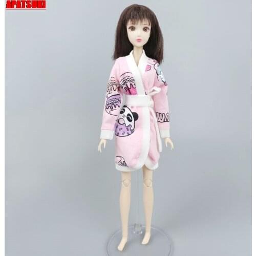 Pink Cartoon Panda Robe For Barbie Doll Bathrobe Bathroom Suit Winter Pajama Wear Sleeping Casual Clothes Accessories Toys 1/6