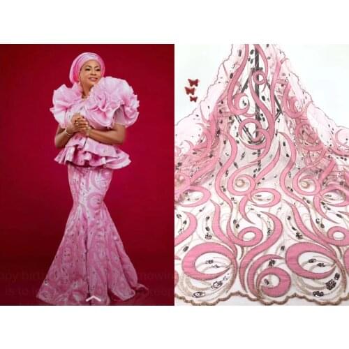 Pink Latest Velvet Lace Fabric With Sequins African Net Lace Fabric Nigerian French Tulle Laces Fabrics For Party Wedding RF4746