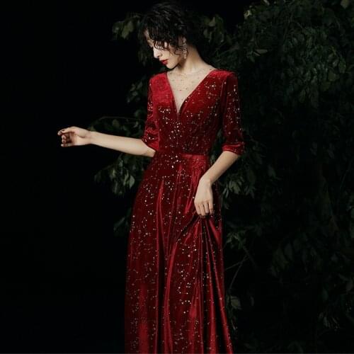 Sexy Sequins Applique Half Sleeve Velour A-Line Evening Dress Wedding Formal Gown Robe De Soiree Vestido De Noche Cheongsam