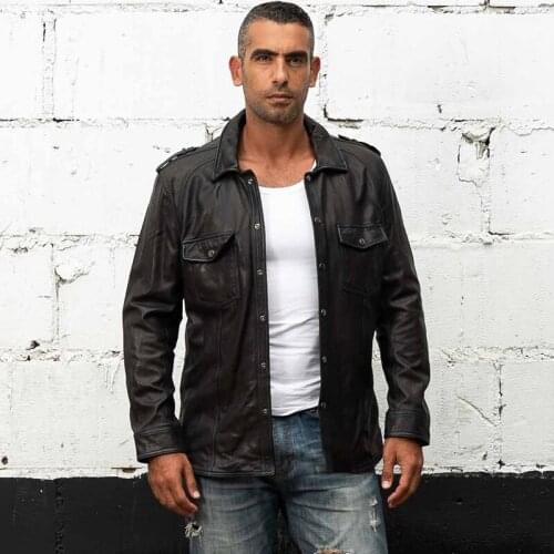 Factory 2020 New Mens Motorcycle Leather Shirt Jacket Male Black fold thin Genuine Sheepskin tight style biker Jackets