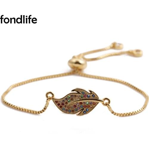 Multicolor Cubic Zirconia Stones Gold-plated Leaf Charm Bracelet Women Lady Creative Inspired By Nature Brass CZ Jewelry Present