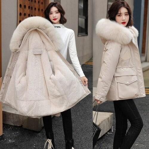Womens Coats Winter 2021 Plus Size Fur Collar Skinny Slim Cotton Padded Korean Clothes Plush Casual Parkas Women Autumn Jacket
