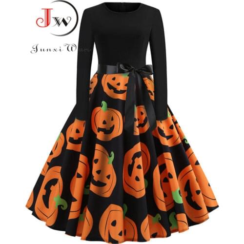 Halloween Dress Women Pumpkin Print Patchwork Midi Autumn Winter Vintage Dresses Long Sleeve Elegant Party Dress Plus Size