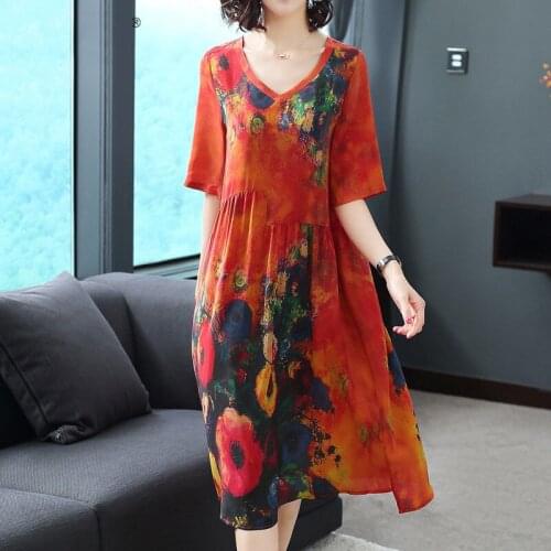 2020 New Arrival Women Silk Dress Female Summer Half Sleeve V-Neck Vintage Print Dresses Loose Casual Plus Size Vestidos b125