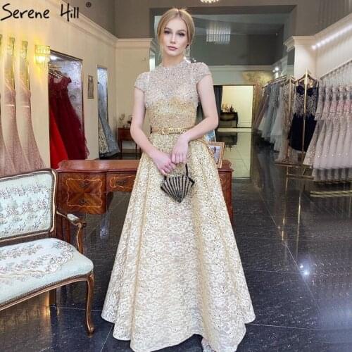 Gold A-Line Luxury Evening Dresses Women Dresses Evening Party 2020 High Collar Beading Lace Cap Sleeves Formal Dress BLA70677