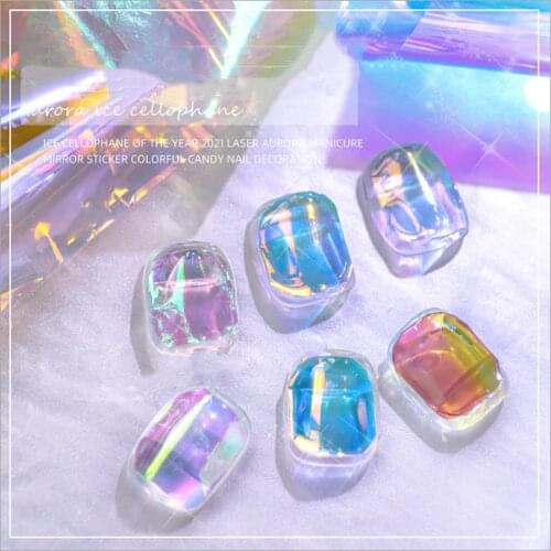1 Box Aurora Nails Foil Film Sticker Cellophane Paper Korean Nail Glass Foils Trend Design Ice Cube Manicure Nail DIY Decoration