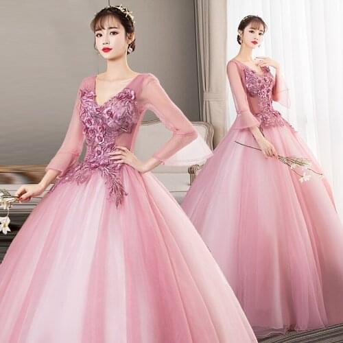 100%real light pink flare sleeve cosplay ball gown medieval dress Renaissance gown queen Victorian Belle Ball gown