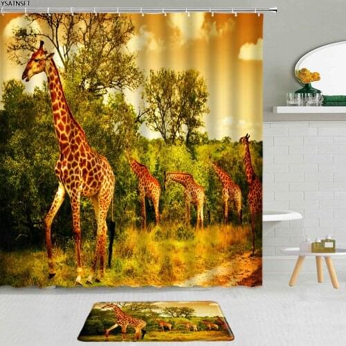 2Pcs Wild Animals Giraffe Shower Curtain Forest Palm Leaf Hot Air Balloon Fabric Decor Non-Slip Bath Mat Bathroom Curtains Set