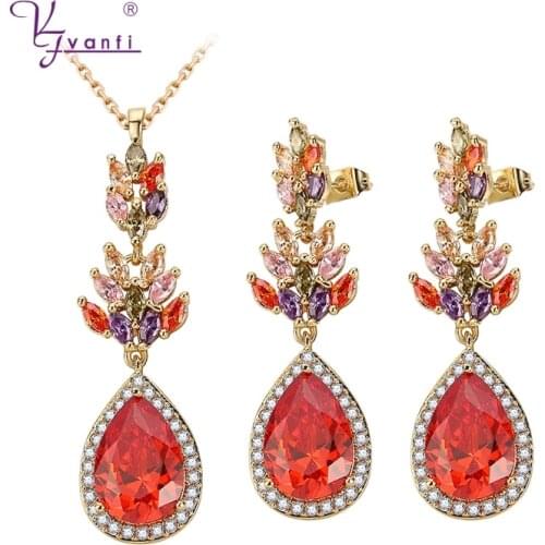 Kfvanfi water drop white red stone necklace stud dangle earrings mariquesa zircon jewelry set for women