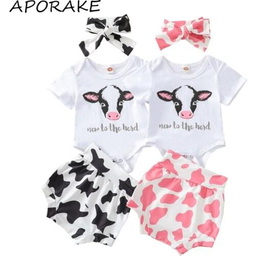 2021 0-18M Sweet Kids Baby Girl Clothing Set Cow Print Short Sleeve Romper Top+Milk Cow High Waist Shorts Summer Outfits 3pcs