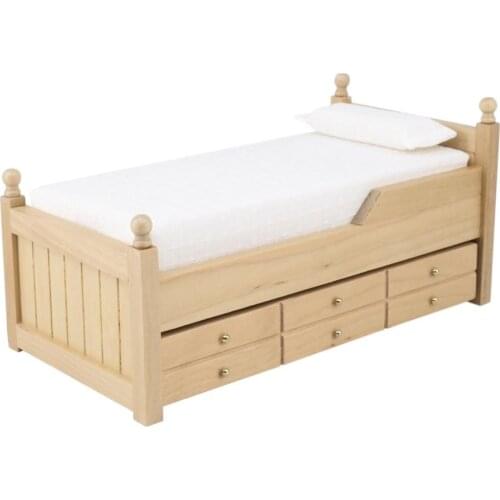 1/12 Dollhouse Miniature Furniture Solid Wood Bed Bedroom Model DIY Accessory Miniatures