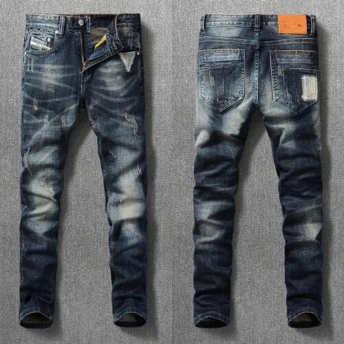 Italian Style Fashion Men Jeans Retro Dark Blue Slim Fit Ripped Jeans For Men Vintage Designer Patches Cotton Denim Long Pants