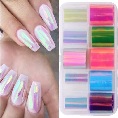 10Rolls/Set Colorful Nail Foil Stickers Decals Mirror Laser Effect Nail Art Stickers Transfer Foils Manicures Slider Decorations