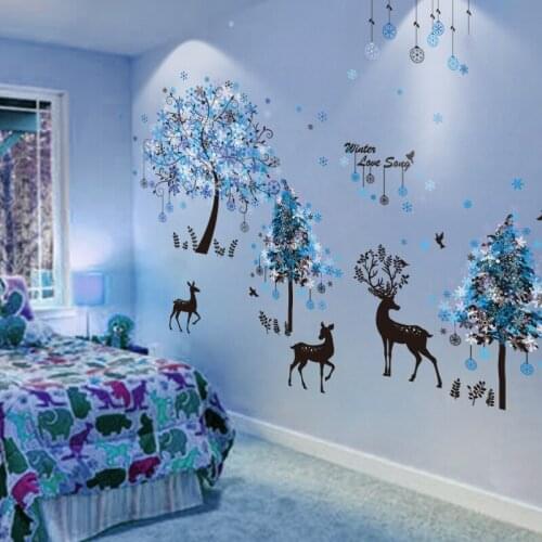 Snowflakes Trees Black Deer Wall Stickers DIY PVC Animal Wall Decals for Living Room Kids Bedroom Home Decoration