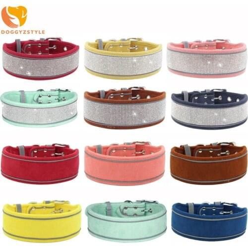 Bling Rhinestone Dog Collar Wide Soft Suede Leather Pet Collars Puppy Cat Crystal Diamond Reflective Adjustable Collars
