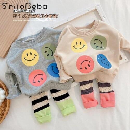 0-3 Year Korean Baby 2021 New Cartoon Leisure Two Pieces Suit Baby Long Sleeve Smiling Face Sweater + Striped Leggings Smile Kid