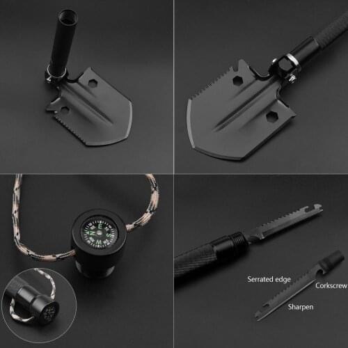 Portable Multi-use Folding Shovel Anti-skid Handle Knife Compass Fire Stick with Carrying Pouch Kit Outdoor Hiking Supply