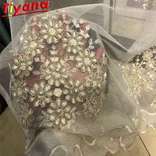 Luxury Golden Bouquet Pearls Embroidery Tulle Curtains for Living Room Beautiful Flowers Yarn for Bedroom Wedding Room #VT
