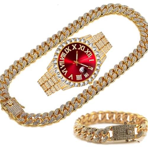 Luxury Gold Watch for Men Full Iced Out Watch Men Bling Miami Cuban Clock Chain Rhinestone Bracelet Necklace Jewelry Set Relogio