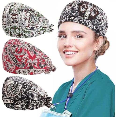 New Unisex Cotton Printing Breathable Gourd Caps Bandage Buttons Sweatband Women Nurse Turban Hats Men Doctor Hedging Caps