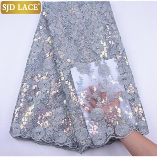 SJD LACE Latest African Mesh Lace Fabric Embroiderey Sequins Beads French Tulle Laces Fabric For Nigerian Wedding Party SewA1956