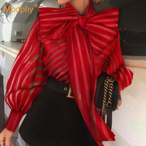 Female Bow Collar Lantern Long Sleeve Loose Lace Up Womens Shirts Sexy perspective streetwear Clothing 2021 New Fashion Tide