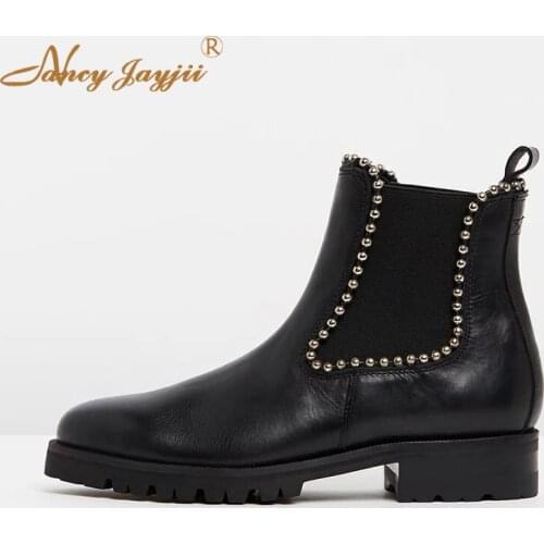 Women Shoes Adult Ladies Chelsea Boots Rivet Ankle Slip-On Round Toe Square heels Spring/Autumn Fashion Leisure Mature Sexy 2019