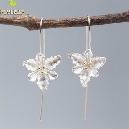 Flyleaf Plant Gold Flower Heart Scrub Earings Fashion Jewelry Long Drop Earrings For Women Real 925 Sterling Silver Fine Jewelry