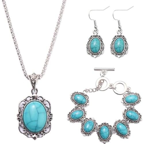 Vintage Oval Natural Stone Necklace Earrings Bracelet Set For Women Ethnic Beads Necklaces Wedding Party Jewelry Sets Pendientes