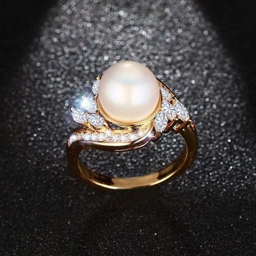 Simulated Pearl Rings For Women Gold Color With AAA+ CZ stone Wedding Engagement Band Ring USA Size Dropsipping
