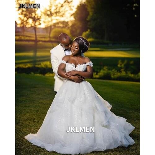 Appliques Off-the-shoulder Lace-up Tulle Wedding Dress Shiny Ruffle Tulle African Bridal Gown Vestidos De Novia 2021