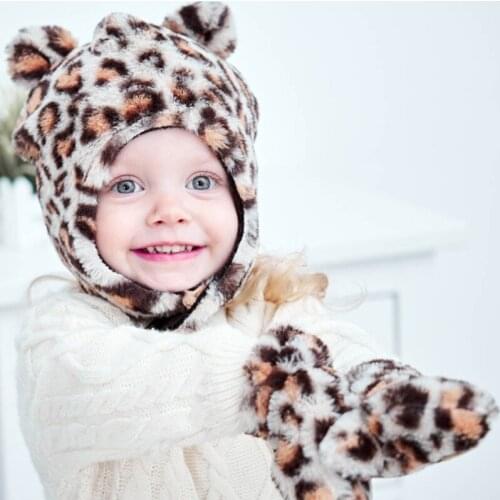 Winter Warm Baby Leopard Pattern Earflap Hat Gloves Set Cute Ears Beanies Mitten Kit for Toddler Girls Boys